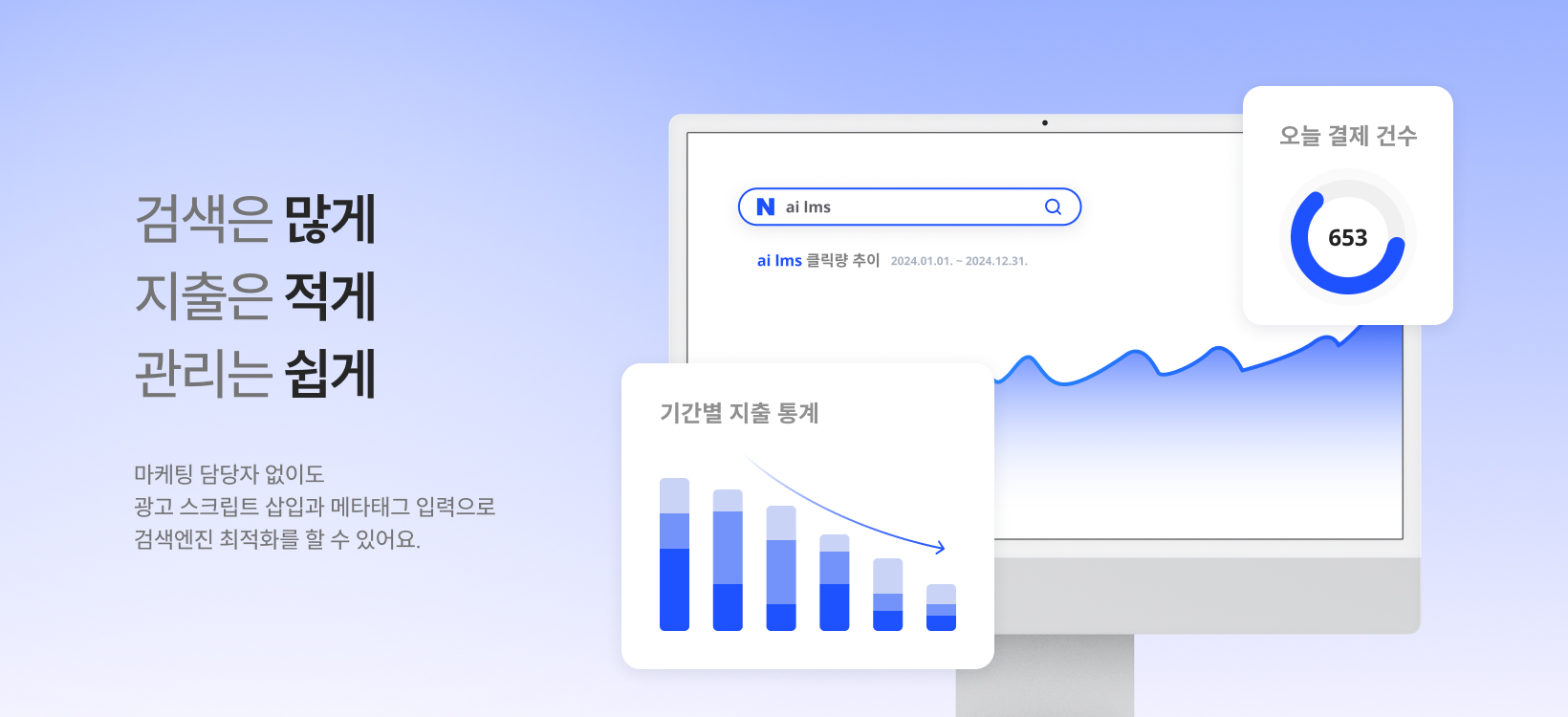 검색은 많게 지출은 적게 관리는 쉽게 마케팅 담당자 없이도 광고 스크립트 삽입과 메타태그 입력으로 검색엔진 최적화를 할 수 있어요.