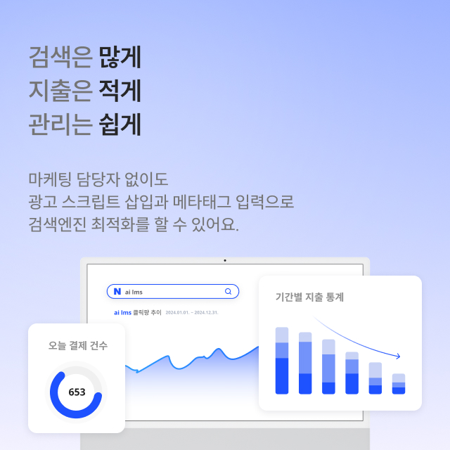 검색은 많게 지출은 적게 관리는 쉽게 마케팅 담당자 없이도 광고 스크립트 삽입과 메타태그 입력으로 검색엔진 최적화를 할 수 있어요.